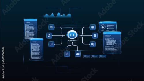 Futuristic AI workflow automation dashboard with ai diagram process, coding panels and data analytics dashboard, looped animation
