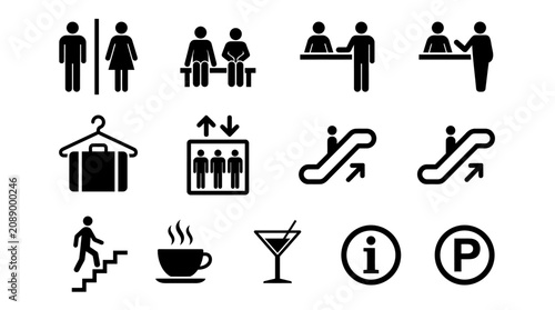 Set of black silhouette icons for wayfinding and signage, featuring people and family figures, cafe and drink symbols, information and parking signs, home, stairs, accessibility