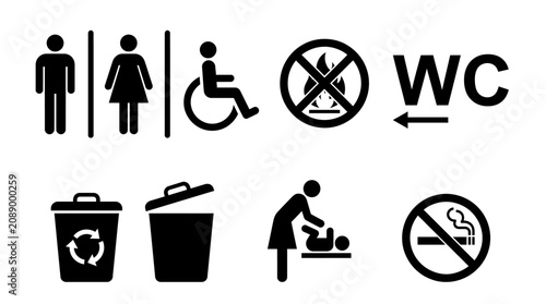 Set of public restroom and accessibility icons including gender, wheelchair, WC signage, no smoking, and waste disposal symbols for signage and wayfinding.