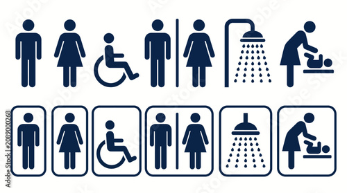 Blue accessibility and facility icons set for restrooms, wheelchair access, showers, sinks, and signage in inclusive public spaces