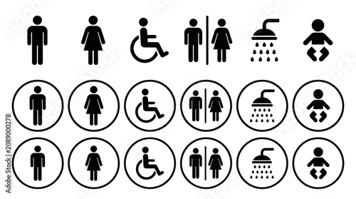 Collection of accessibility and disability icons for inclusive design and signage, including wheelchair, restroom, and universal symbols