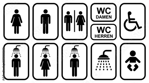 Collection of public restroom signs and accessibility icons, including WC Damen/Herren, gender symbols, wheelchair access, and baby-changing indicators