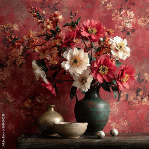 Painterly red floral scene thick brush texture flower vase still life bouquet with cream blossom dark leaf rustic ceramic vessel aged wall and wooden table