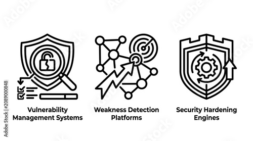 Set of cybersecurity infrastructure icons representing vulnerability management weakness detection security hardening with cybersecurity vulnerability management weakness detection hardening
