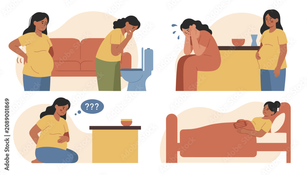 Fototapeta premium Pregnant women experiencing common health issues such as back pain, morning sickness, headache, and fatigue.
