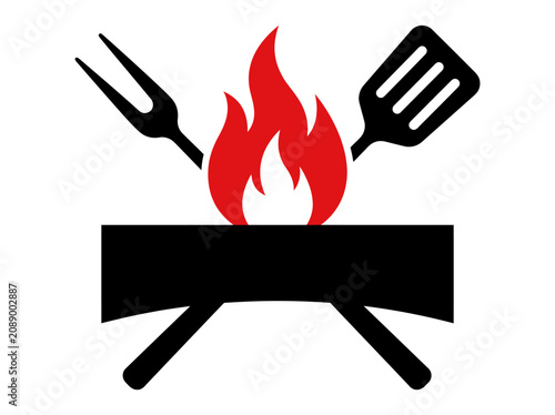 Fotografía Barbecue Grill Icon with Red Fire Spatula and Fork Vector
