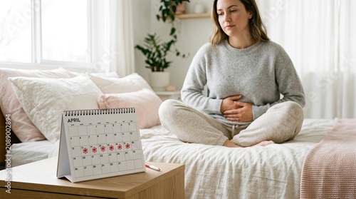 Woman sitting on bed with hands on stomach looking concerned next to a calendar marked with red flowers indicating menstrual cycle days with experiencing menstrual discomfort while tracking her