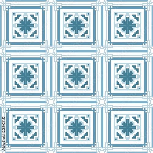 Blue Geometric Tile Seamless Pattern - Mediterranean Ceramic Style Vector