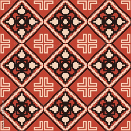 Retro Geometric Pixel Art Seamless Pattern with Diamonds and Crosses in Red, Black, and Cream