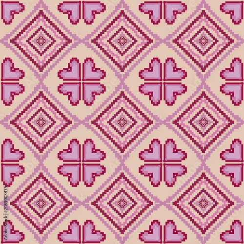 Pink & Red Hearts Geometric Pixel Art Pattern