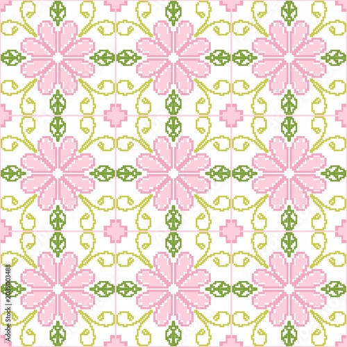 Pastel Pink Cross Stitch Floral Seamless Tile Pattern