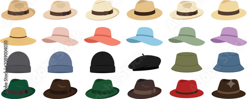 Photos Headwear Collection Vector Set Featuring Straw Panama Hats Sun Hats Beanie Caps