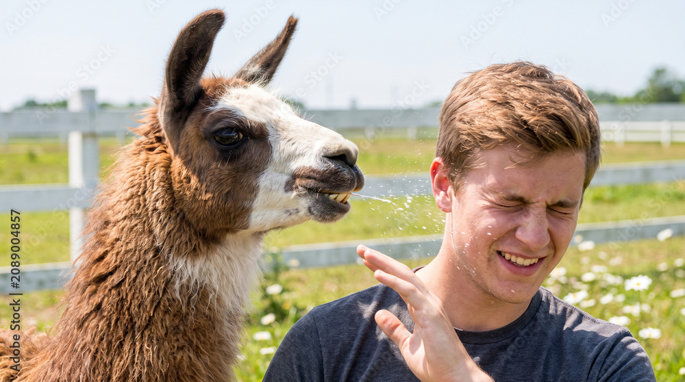 Fototapeta premium Llama spitting on young man at outdoor farm