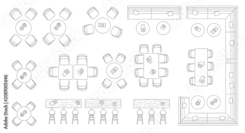 Collection of restaurant table and chair layout diagrams.