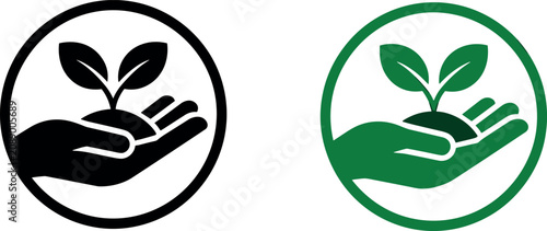 Ecology conservation concept vector icon set showing human hand holding growing plant sprout for environmental protection