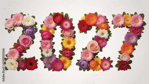 Vibrant Floral Arranged 2027 New Year Numerals with Multicolored Blooms Lush Green Foliage for Greeting Cards Invitations and Spring Themed Decor