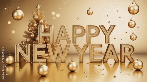 Luxurious Glittery 3D Typography Happy 2027 New Year Scene with Gilded Christmas Tree Ornaments Confetti and Warm Golden Bokeh for Festive Greeting Cards and Digital Displays
