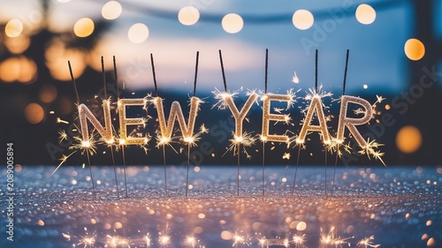 Glowing golden letter sparklers spelling new year against twilight bokeh backdrop festive celebration decor for 2027 new year greeting cards party invitations and holiday marketing materials