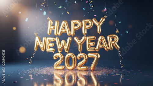 Luxurious Shiny Gold Foil Balloon Display for 2027 New Year Celebration with Floating Confetti and Warm Bokeh Lights on Dark Reflective Surface