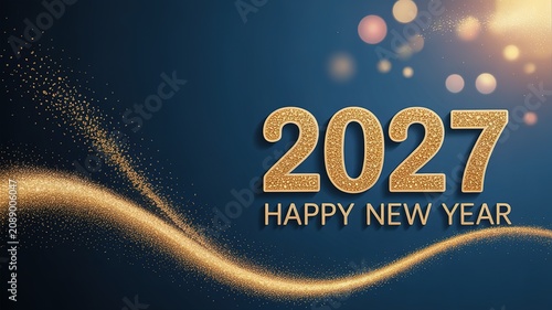 Luxurious 2027 new year greeting design with glittering gold typography shimmering dust trails and soft bokeh accents on deep navy backdrop for festive cards banners and digital invites