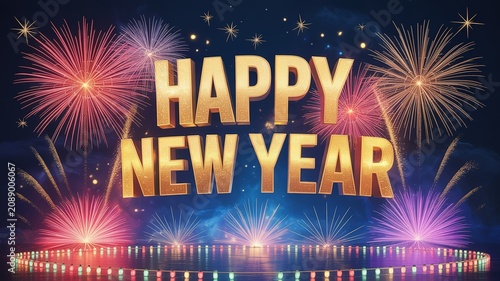 Luminous gold 3D lettering with vibrant pink purple gold fireworks reflecting on glossy night surface for festive 2027 new year greeting cards banners and digital displays