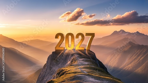 2027 New Year Shiny Golden Numbers on Mountain Peak with Warm Sunrise Glow Rolling Misty Ridges and Orange Hued Sky for Greeting Cards and Inspirational Designs