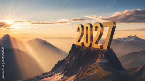 New Year 2027 Gilded 3D Numbers Perched on Rugged Mountain Peak Bathed in Warm Golden Sunrise Light with Layered Misty Mountain Ranges in Background for Inspirational Holiday Design