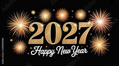 Luxurious 2027 new year festive design with glittering gold numerals sparkling firework bursts on sleek black background for greeting cards banners and holiday promotional materials
