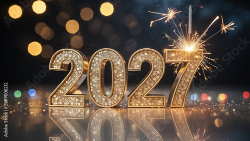 Luxe 3D encrusted gold numerals with sparkling fireworks and warm bokeh lights for 2027 new year celebration invitations greeting cards and festive marketing campaigns
