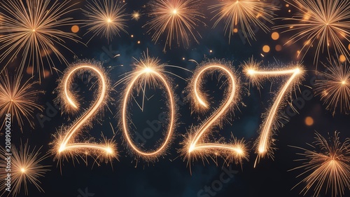 New Year 2027 Glowing Sparkler Numerals with Bursting Golden Fireworks Against Dark Night Sky for Festive Greeting Cards Party Invitations and Holiday Promotions