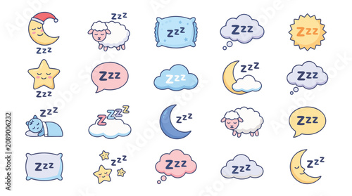 Fotografía Collection of cute cartoon sleep icons featuring moons stars sheep clouds pillow