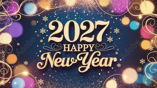 Luxe Festive 2027 New Year Greeting Design with Ornate Gold Typography Snowflakes and Colorful Bokeh Lights for Party Invitations Digital Cards and Holiday Decor