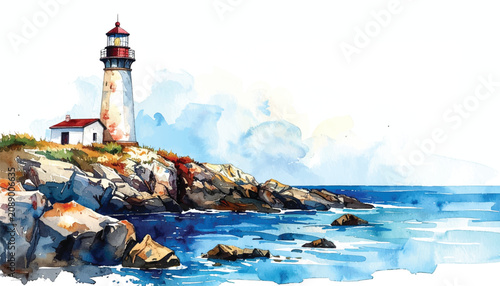 Seascape with rocks and an old lighthouse on the background of the sea with copy space, Hand drawn watercolor illustration, isolated on white background