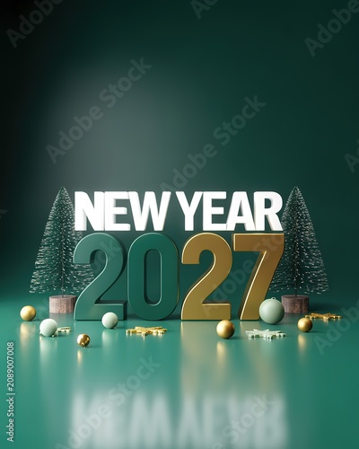 Elegant 2027 New Year Display with Glossy Emerald and Gold Numerals Mini Pine Trees Ornamental Baubles and Snowflakes on Reflective Dark Green Surface for Holiday Greeting Cards and Event Backdrops