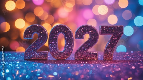 New Year 2027 Sparkling Glitter Numerals on Iridescent Surface with Warm Orange Pink Cool Blue Bokeh Lights for Festive Greeting Cards Party Invitations and Digital Displays