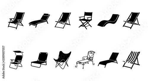 Fotografie Vector Set of 15 Lounge Chairs, Beach Chairs, and Sun Loungers for Outdoor Relax