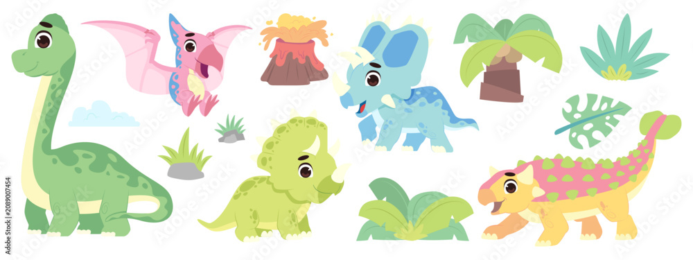 Fototapeta premium Cute Herbivorous Dinosaur Illustration Set with Hand Drawn Style Featuring Brontosaurus, Triceratops, Styracosaurus, Ankylosaurus and Pteranodon for Kids Nursery