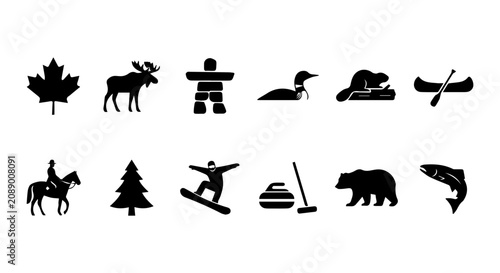 Canadian Icons Set, Vector Silhouettes of Wildlife, Nature, and Activities, Black and White Graphics