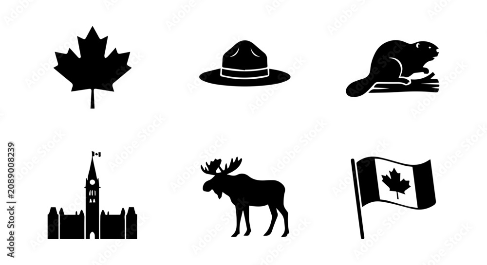 Obraz premium Canadian Icons Set: Maple Leaf, RCMP Hat, Beaver, Parliament, Moose, Flag Vector Graphics