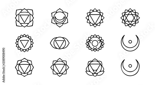 Cuadro en lienzo Chakra Symbols Vector Icons, Spiritual Energy Centers, Yoga Meditation Graphics,