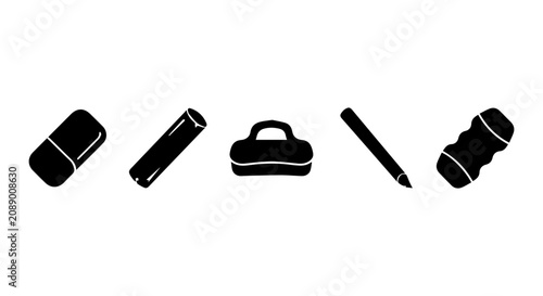 Принти на полотні Stationery Icons: Eraser, Pencil, Sharpener, Pen, Rubber Eraser Vector Set