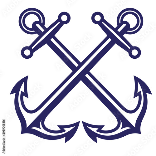 Two crossed nautical anchors in dark blue, t-shirt poster isolated on a white background, symbol of maritime, seafaring, navy, or ocean theme, clean lines and classic anchor