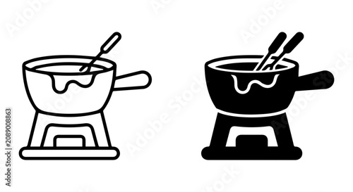 Fondue Set Vector Icons: Cheese, Chocolate Melting Pot, Dipping Forks, Cooking Utensils, Party Food Preparation