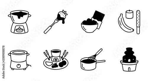 Chocolate Fondue Set Icons, Sweet Dessert Party Vector Graphics, Delicious Treat Collection