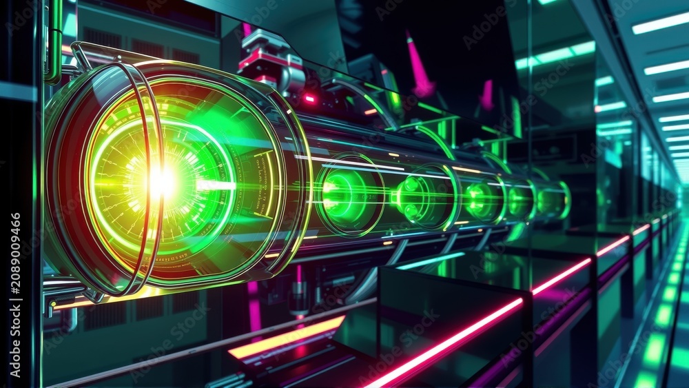 Fototapeta premium Futuristic tunnel, glowing cylinders, neon lights create vibrant perspective. Dark background emphasizes bright illumination. Complex design.