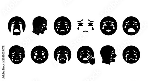 Canvas Print Crying Face Icons, Sad Emotion Emoticons, Grief Symbols, Distress Vector Set