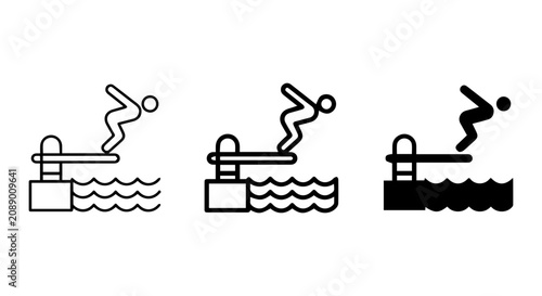 Diving Board Icons Set, Swimming Pool Action Vector Graphics, Sports Competition Symbols