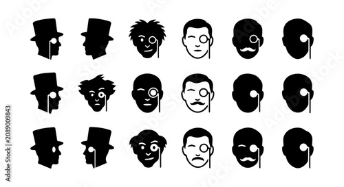 Foto Gentleman Monocle Icons, Vintage Top Hat Silhouettes, Victorian Face Graphics, R