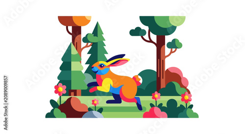 Colorful Rabbit Running in Abstract Forest