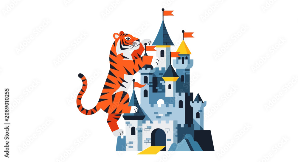 Naklejka premium Tiger climbing a fairytale castle